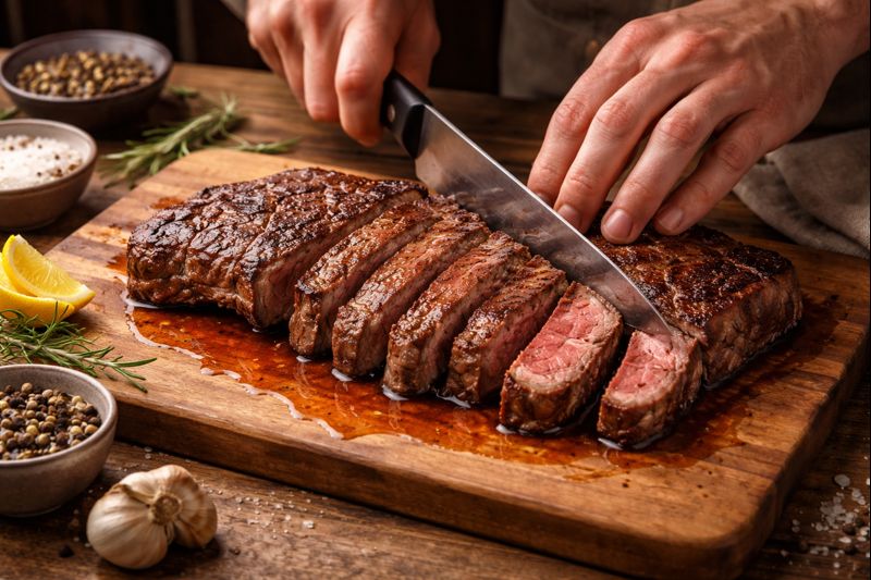How to cook steak in oven.  juicy steak cooking on a wire rack inside a modern oven with steam rising.