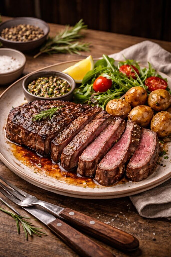 Perfectly cooked steak plated and ready to serve, sliced to reveal a juicy medium-rare center, garnished with herbs and accompanied by side dishes on a restaurant-style plate.