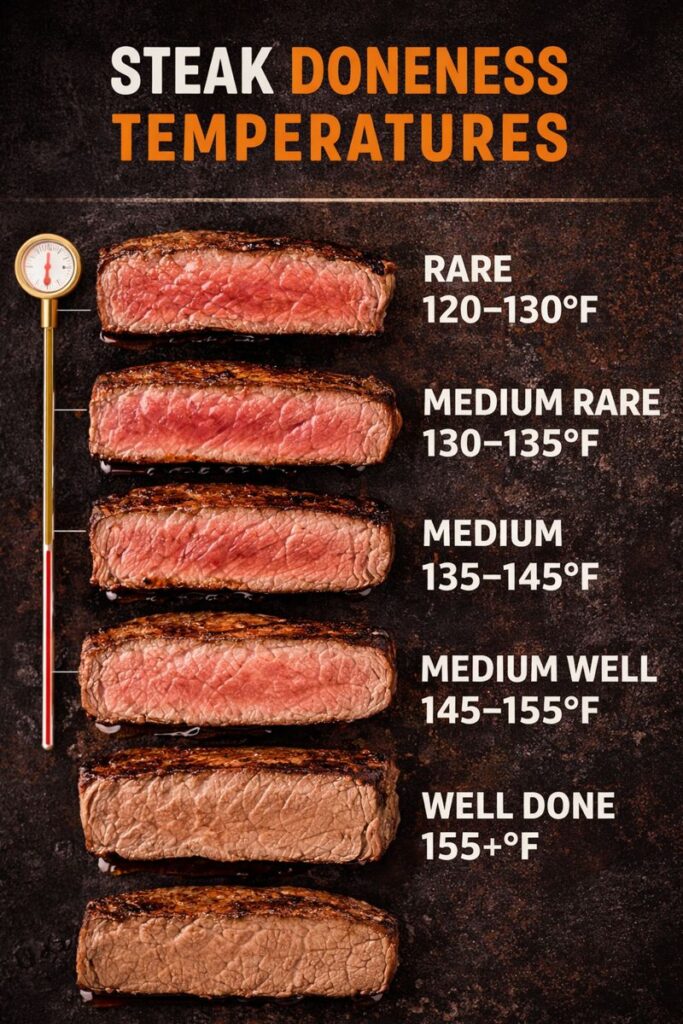 Infographic showing steak doneness temperatures with sliced steaks arranged vertically from rare to well done, each labeled with its internal temperature range and a thermometer graphic on the side.
