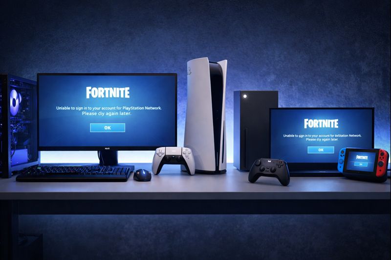Wide shot of a PC, PlayStation, Xbox, and Nintendo Switch all displaying Fortnite error messages in a clean, modern gaming setup with blue lighting.