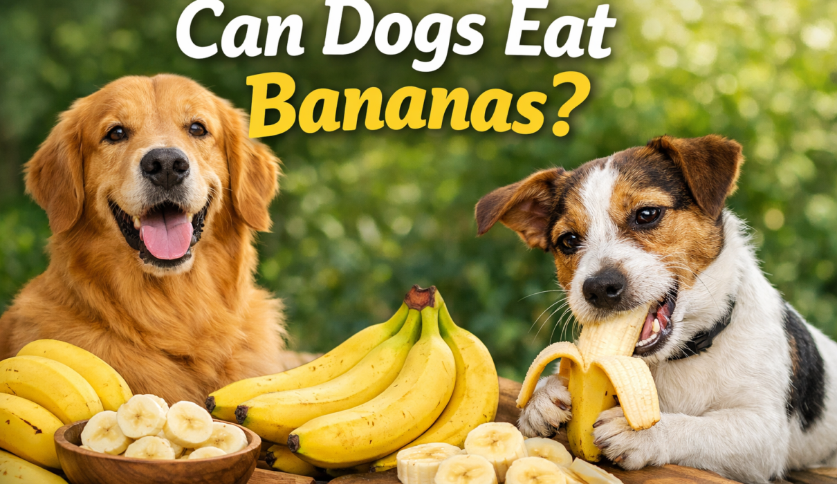 Dog eating small banana slices from owner’s hand indoors, showing a safe and healthy snack moment, can dogs eat bananas