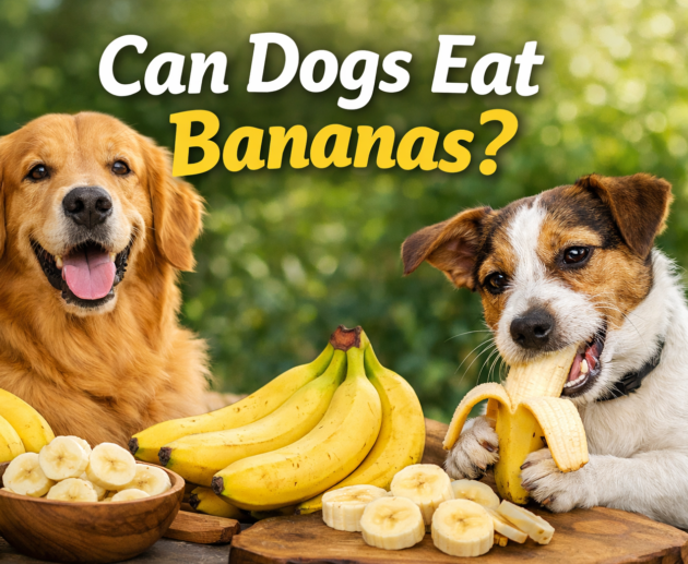 Dog eating small banana slices from owner’s hand indoors, showing a safe and healthy snack moment, can dogs eat bananas