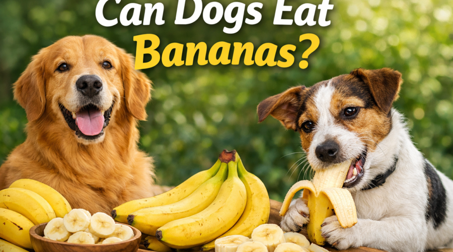 Dog eating small banana slices from owner’s hand indoors, showing a safe and healthy snack moment, can dogs eat bananas