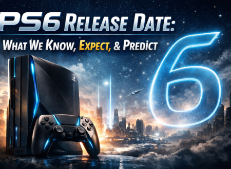 PS6 release date concept featuring a futuristic PlayStation 6 console and controller against a glowing city skyline