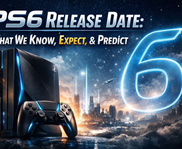 PS6 release date concept featuring a futuristic PlayStation 6 console and controller against a glowing city skyline