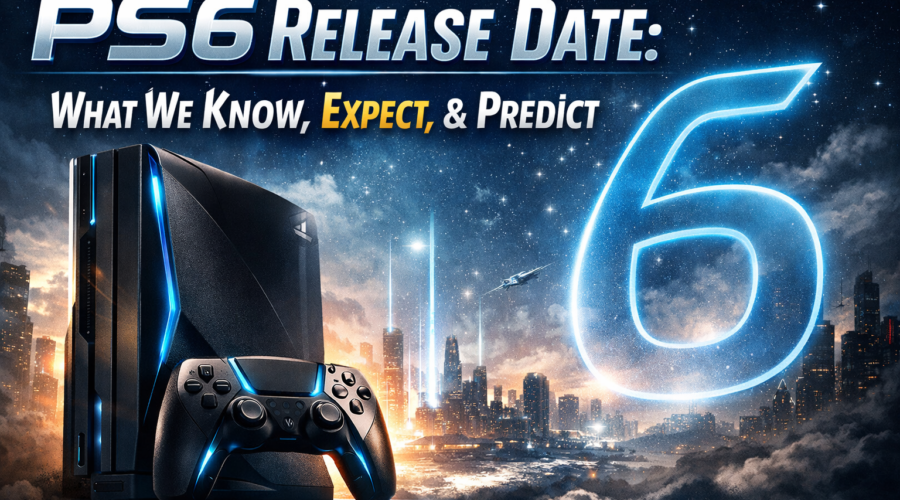 PS6 release date concept featuring a futuristic PlayStation 6 console and controller against a glowing city skyline