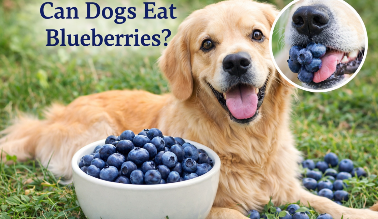 Can dogs eat blueberries safely? A dog eating fresh blueberries from a bowl outdoors