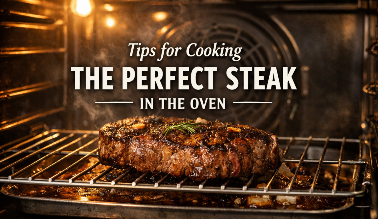 How to cook steak in oven. juicy steak cooking on a wire rack inside a modern oven with steam rising.