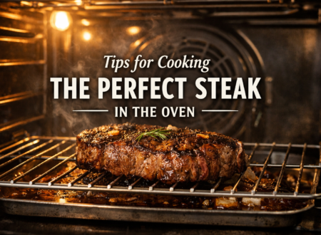 How to cook steak in oven. juicy steak cooking on a wire rack inside a modern oven with steam rising.