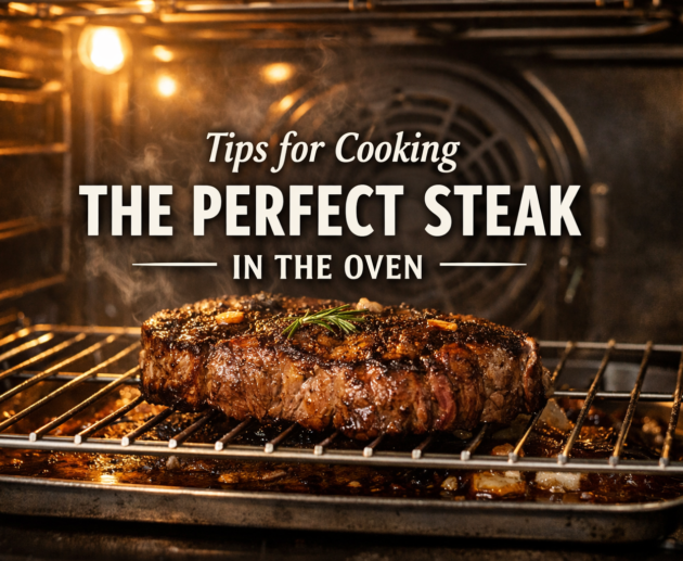 How to cook steak in oven. juicy steak cooking on a wire rack inside a modern oven with steam rising.