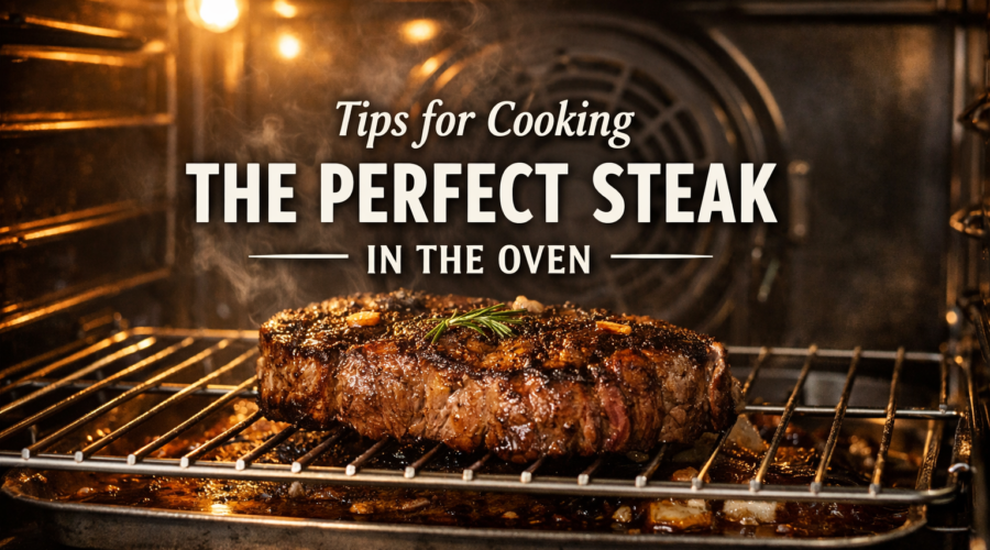 How to cook steak in oven. juicy steak cooking on a wire rack inside a modern oven with steam rising.