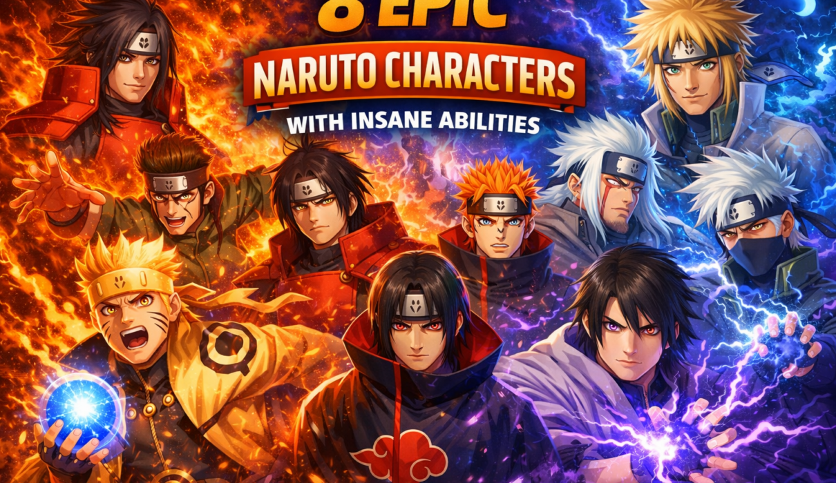 8 epic Naruto characters including Naruto, Sasuke, Madara, Itachi, Kakashi, Hashirama, Pain, and Minato showcasing their insane abilities