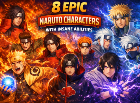 8 epic Naruto characters including Naruto, Sasuke, Madara, Itachi, Kakashi, Hashirama, Pain, and Minato showcasing their insane abilities