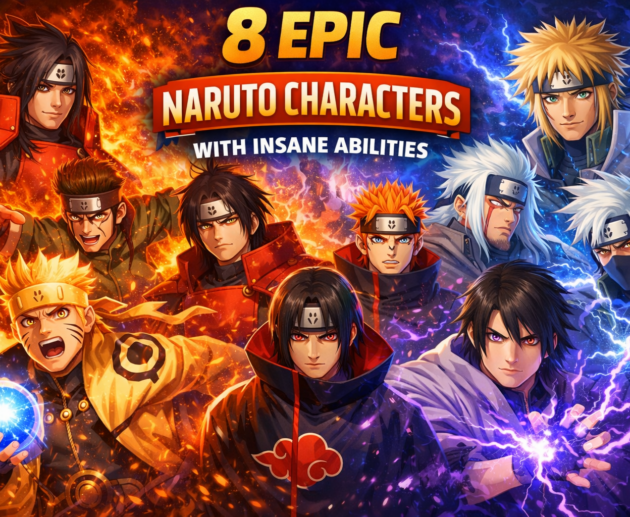 8 epic Naruto characters including Naruto, Sasuke, Madara, Itachi, Kakashi, Hashirama, Pain, and Minato showcasing their insane abilities