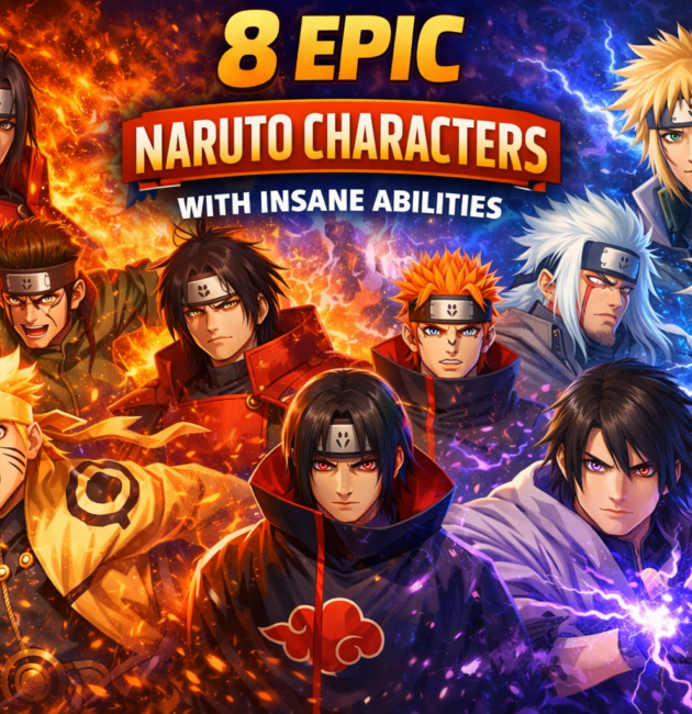8 epic Naruto characters including Naruto, Sasuke, Madara, Itachi, Kakashi, Hashirama, Pain, and Minato showcasing their insane abilities