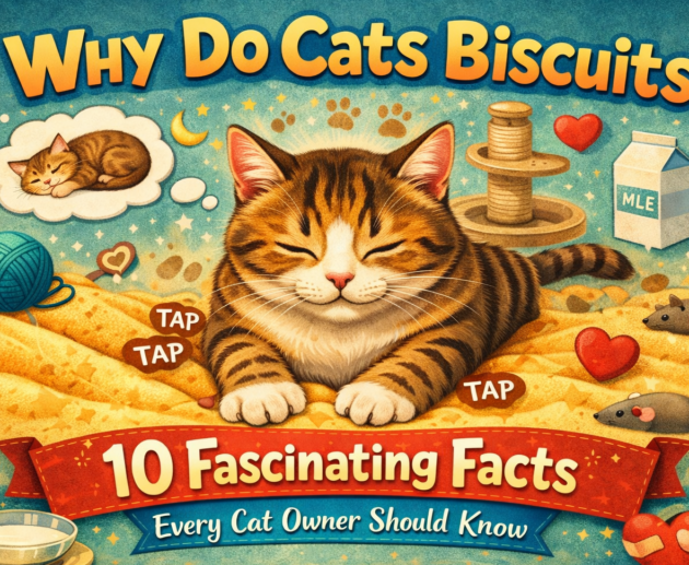 A wide illustration of a happy tabby cat kneading a soft blanket with the text “Why Do Cats Make Biscuits? 10 Fascinating Facts Every Cat Owner Should Know.