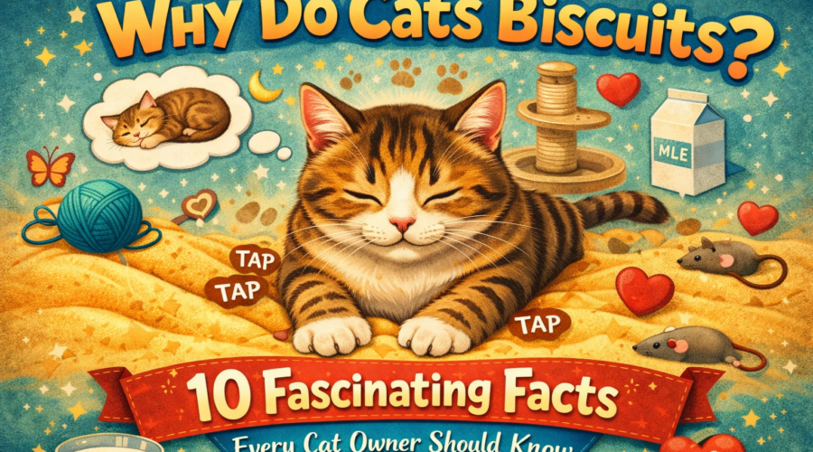 A wide illustration of a happy tabby cat kneading a soft blanket with the text “Why Do Cats Make Biscuits? 10 Fascinating Facts Every Cat Owner Should Know.